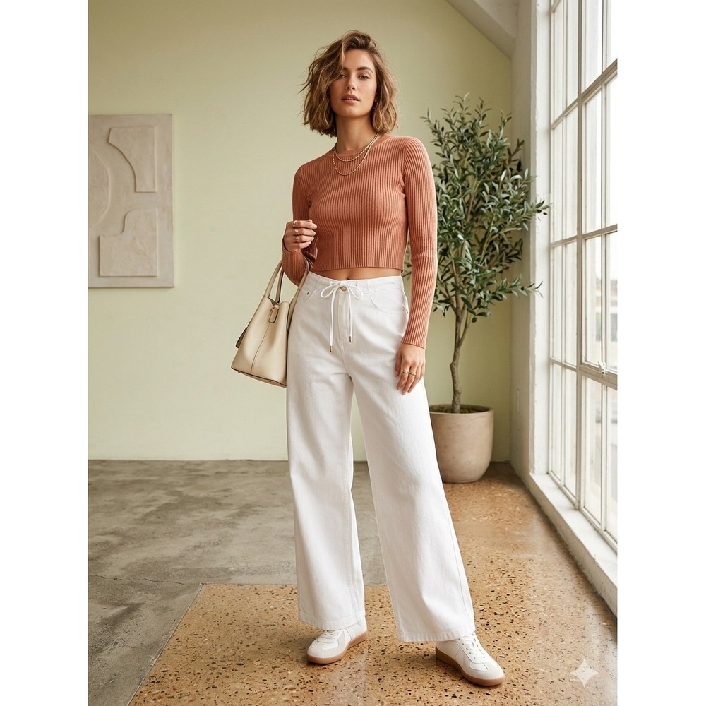 White Wide Leg Drawstring Denim Jeans High Waisted Cotton Blend‎ Size Medium